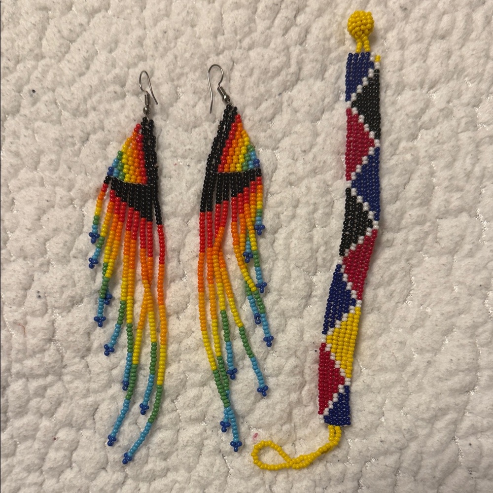Colorful Rainbow Beaded Earrings and Bracelet Set